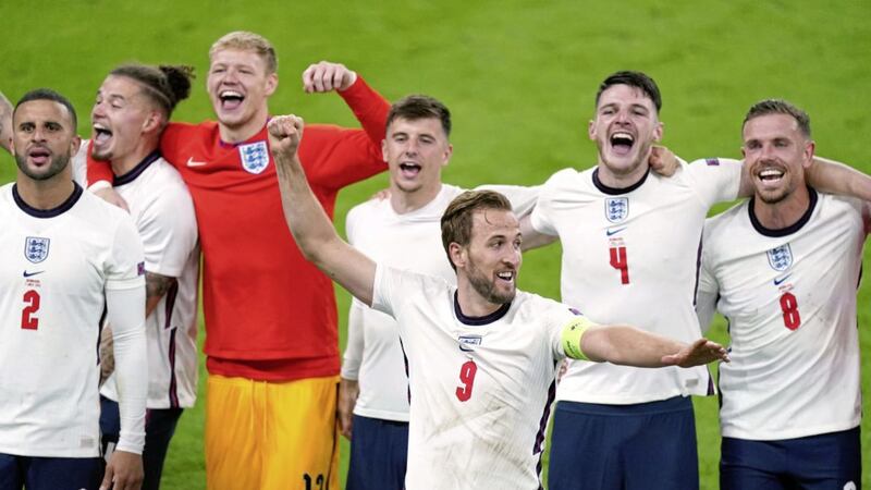 'Letterfrack Kid' Harry Kane and team-mates celebrate reaching the Euro 2020 final after beating Denmark on Wednesday night <br />Picture bv AP