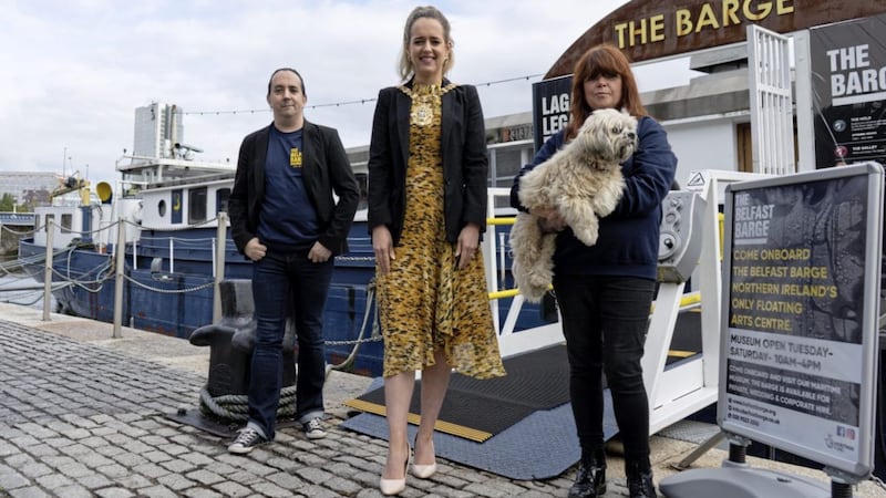 Chris Logan and Susan Doherty from Belfast Barge pictured with lord mayor Kate Nicholl and Captain Bob the Dog 