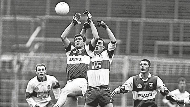 DOUGAN DENIED...Derry&rsquo;s Dermot Dougan loses this particular midfield tussle to Laois&rsquo;s PJ Dempsey during yesterday&rsquo;s NFL quarter-final at Croke Park