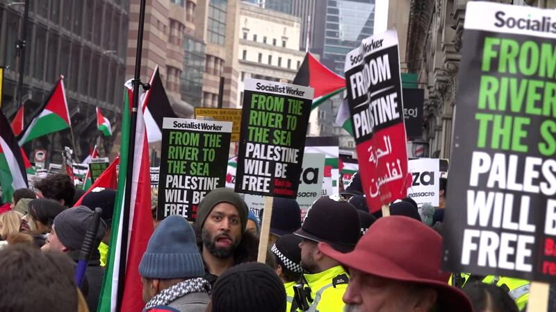Protesters during a National March for Palestine in central London
