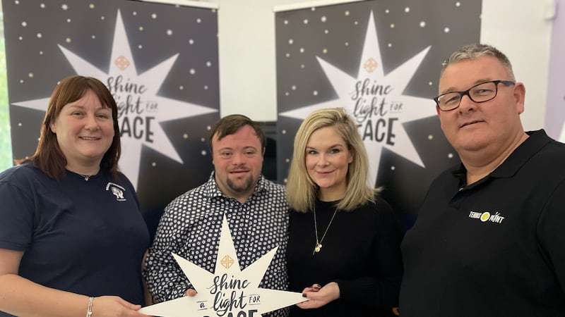 Pictured at the launch of Corrymeela's Shine a Light for Peace campaign are (l-r) L-R Julie Martin of BCCU Credit Union, James Martin, Denise Pemrick of the Eden Project & The Big Lunch NI, and Roger Henry of Tennis Point.