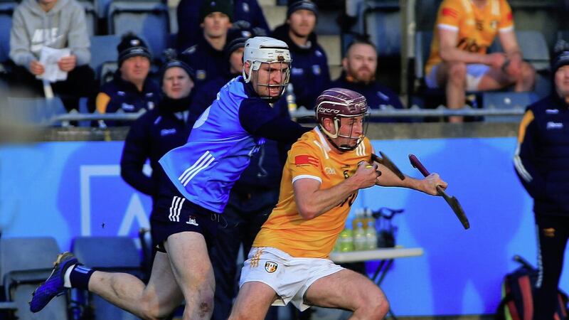 Antrim&#39;s Eoghan Campbell gets away from Dublin&#39;s Chris O&#39;Leary in the Walsh Cup last month 