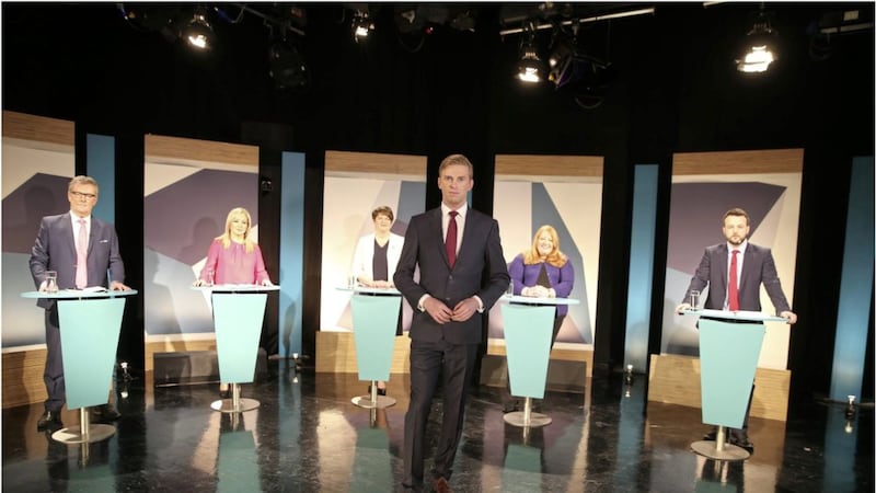 The five party leaders with UTV&#39;s Marc Mallet ahead of last night&#39;s debate. Picture by Hugh Russell   