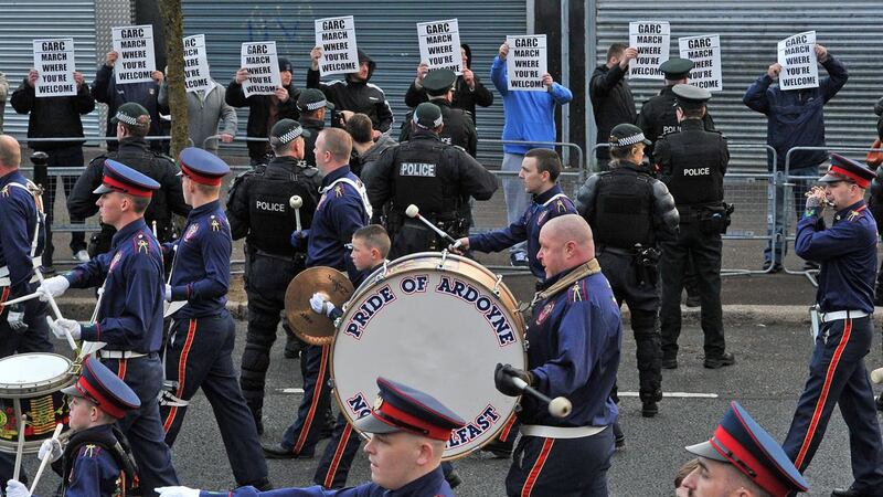 &nbsp;Protesters from the Greater Ardoyne Residents Collective at this morning's parade.&nbsp;<span style="color: rgb(34, 34, 34); font-family: arial, sans-serif; font-size: 12.8px;">Picture by Justin Kernoghan</span>