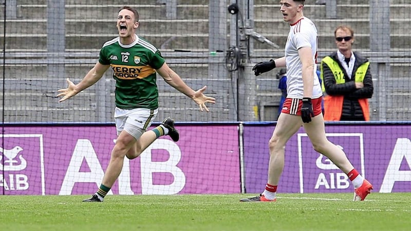 Stephen O&#39;Brien celebrates his goal against Tyrone last Sunday. Picture by Philip Walsh. 