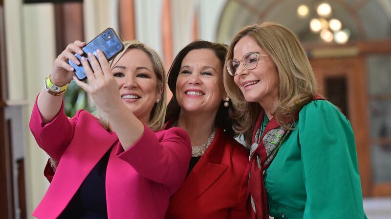 Sinn Féin leaders Mary Lou McDonald and Michelle O'Neill with Belfast lord mayor Tina Black. Picture by Colm Lenaghan/Pacemaker