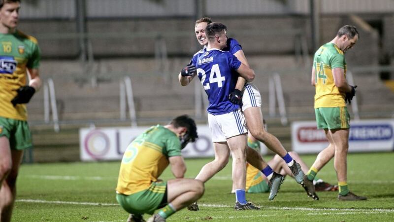 Cavan players celebrate their thrilling victory in this year&#39;s Ulster Championship. Picture: Seamus Loughran. 