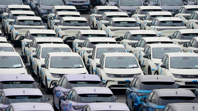Previously unissued photo dated 29/1/2024 of Chinese made BYD passenger battery electric vehicles and plug-in hybrid electric vehicles collectively known as new energy vehicles in China in a compound in Sheerness, Kent. Issue date: Thursday April 4, 2024.
