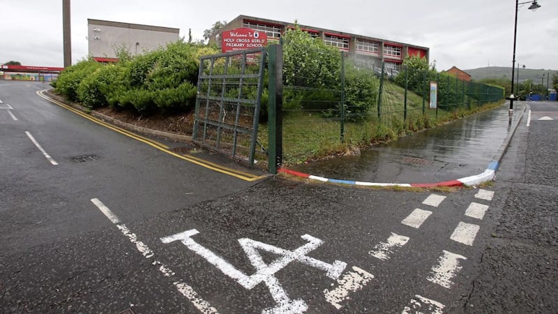 Kerbstones outside Holy Cross Girls&#39; School in north Belfast were painted red, white and blue during the summer. Picture by Mal McCann 