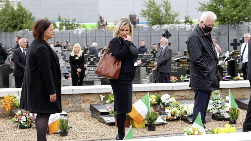Mary Lou McDonald and Michelle O'Neill at the funeral of Bobby Storey. Picture by Mal McCann