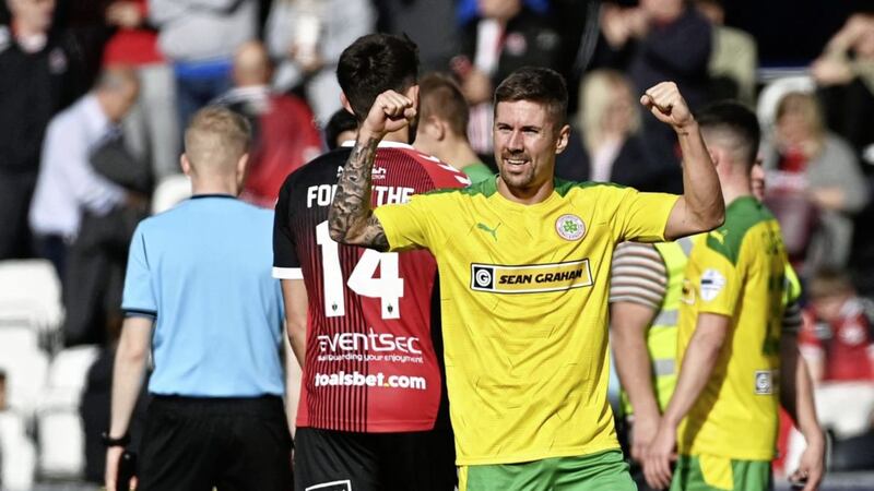 Cliftonville&#39;s Daniel Kearns celebrates his late equaliser at Seaview on Saturday Picture by Colm Lenaghan/Pacemaker 
