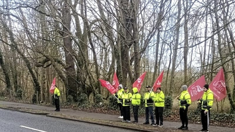 Striking workers outside the Kingspan site at Gilford Road in Portadown 
