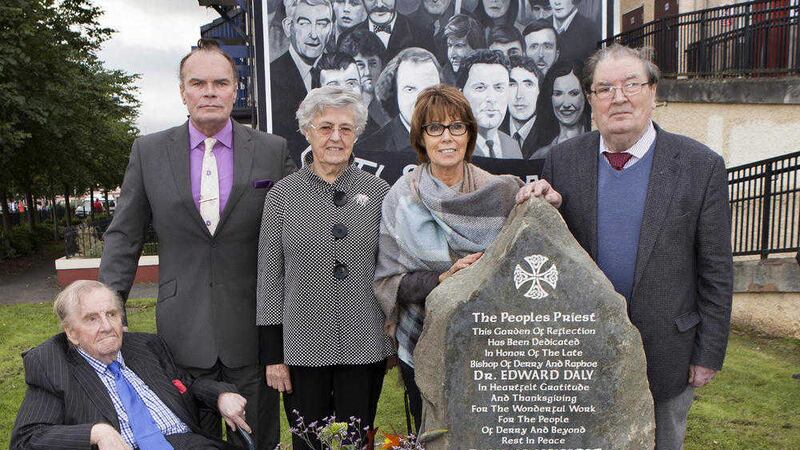 John Hume and Ivan Cooper with Bishop Edward Daly&#39;s sisters Marian Ferguson and Ann Gibson after the unveiling of a monument at Rossville Street in Derry&#39;s Bogside. Also pictured is Vincent Coyle. Picture by Margaret McLaughlin 