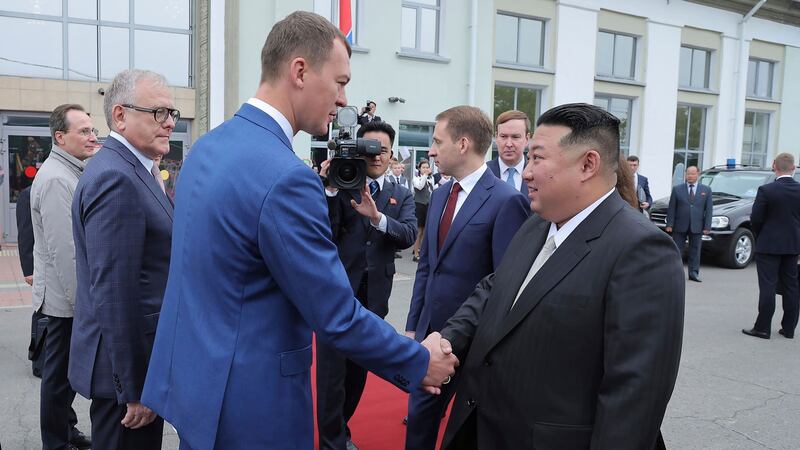 Photo provided by the North Korean government of North Korean leader Kim Jong Un greeted by Governor of Khabarovsky Krai region Mikhail Degtyarev on the arrival at a station in Komsomolsk-on-Amu (Korean Central News Agency/Korea News Service/AP)