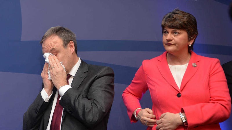 An emotional Nigel Dodds and Arlene Foster during the DUP conference last month.  Picture by Colm Lenaghan, Pacemaker