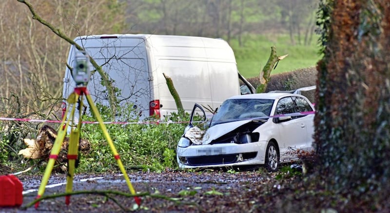 A man has died in an accident involving a fallen tree and trhee vehicles on the Trewmount Road near Moy