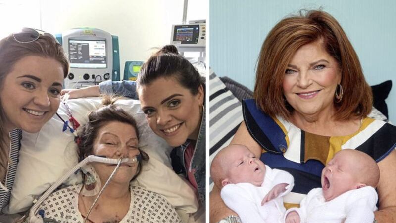 Organ transplant recipient Maggie Hesketh pictured (right) with her twin grand-daughters &Egrave;abha and R&ograve;ise Fitzpatrick and in hospital on her 64th birthday with her daughters, Mairead (left) and Maeve (right)