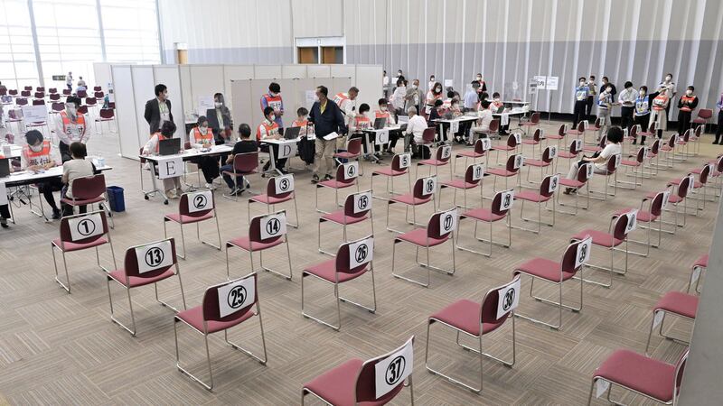 The mass vaccination center for people to receive the Moderna coronavirus vaccine opens in Osaka, western Japan, Monday, May 24, 2021 (Kyodo News via AP)&nbsp;