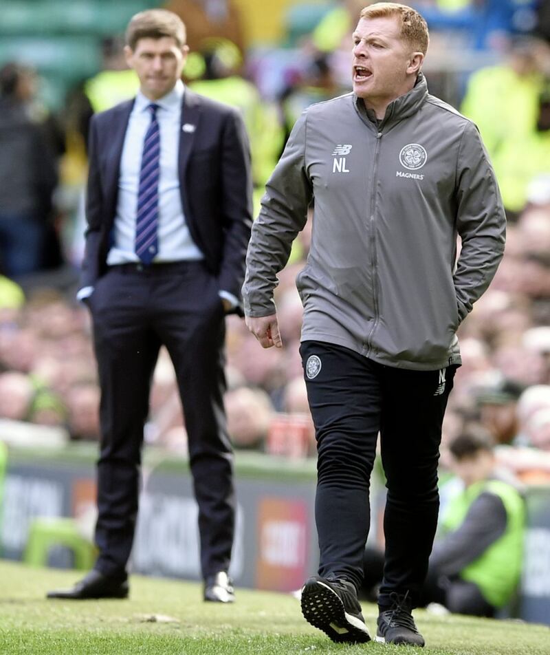 Celtic manager Neil Lennon (right) and Rangers manager Steven Gerrard during a Scottish Premiership match at Celtic Park, Glasgow. 