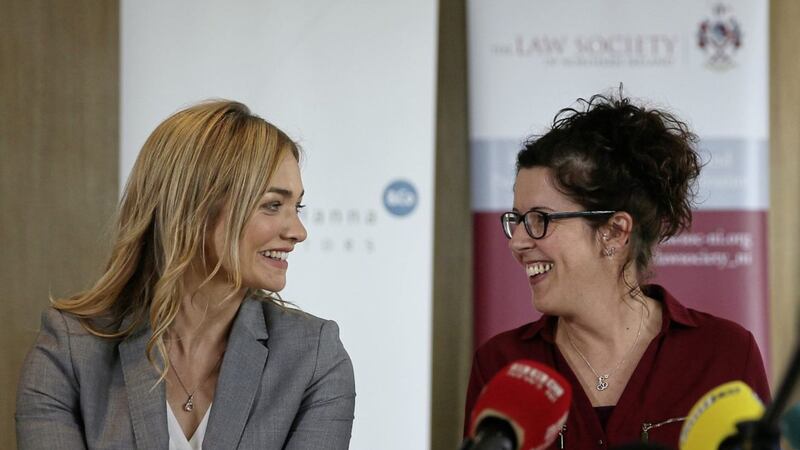 Unmarried mother Siobhan McLaughlin (right) with her solicitor Laura Banks at Law Society House in Belfast following the Supreme Court ruling in her favour in August 
