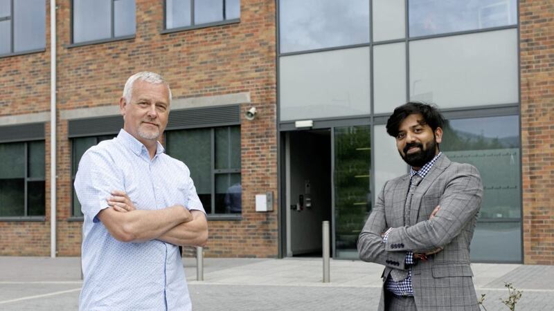 Azhar Murtuza from Born Maverick (right) with Stephen Ellis, innovation manager at Innovation Factory in Belfast. 