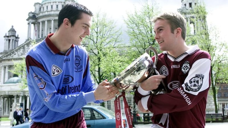 St Michael's College captain Paul Gunn and Cormac McAleer of Omagh CBS in Belfast for a press call ahead of the 2001 MacRory Cup final. Picture by Hugh Russell