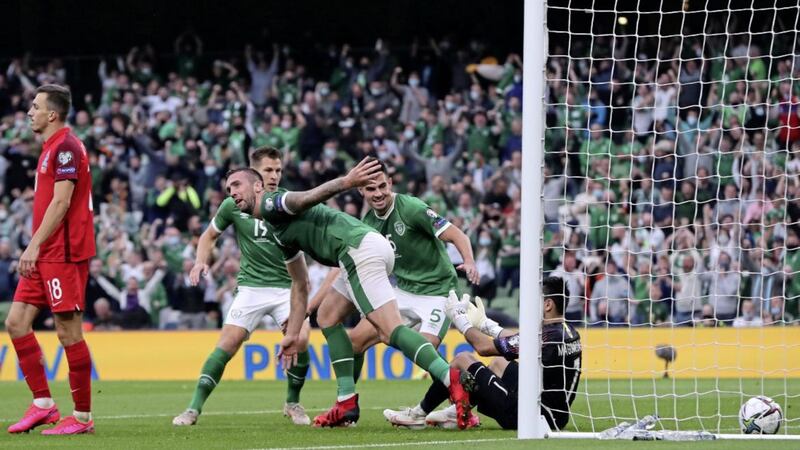 Shane Duffy celebrates after heading Home the Republic of Ireland&#39;s late leveller against Azerbaijan at the Aviva Stadium on Saturday. Picture by PA 
