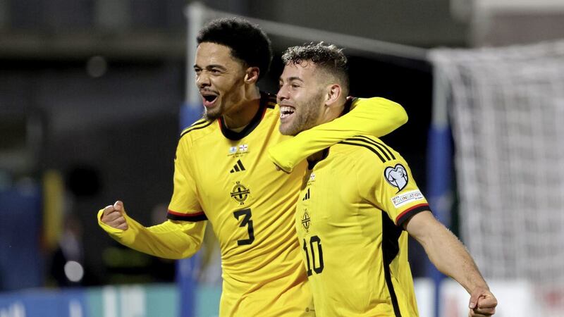 Jamal Lewis (left) and Dion Charles celebrate the latter scoring for Northern Ireland against San Marino during Thursday night&rsquo;s UEFA Euro 2024 qualifier in Serravalle. Photo by William Cherry/Presseye 