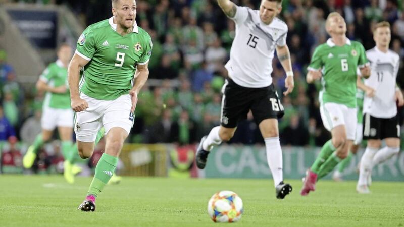 Northern Ireland&#39;s Conor Washington in action against Germany. 