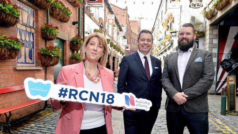 Janice Gault, NI Hotels Federation, chief executive; Glyn Roberts, Retail NI, chief executive and Joel Neill, operations director, Hospitality Ulster. 