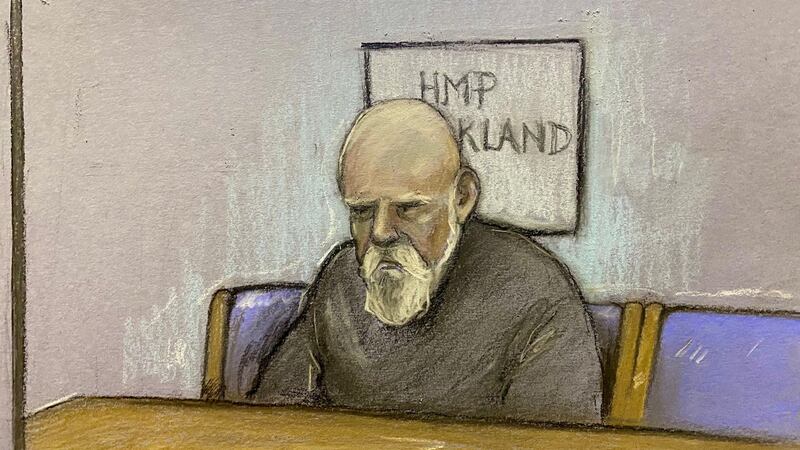 An sketch of Wayne Couzens appearing by video link from HMP Frankland at the Old Bailey
