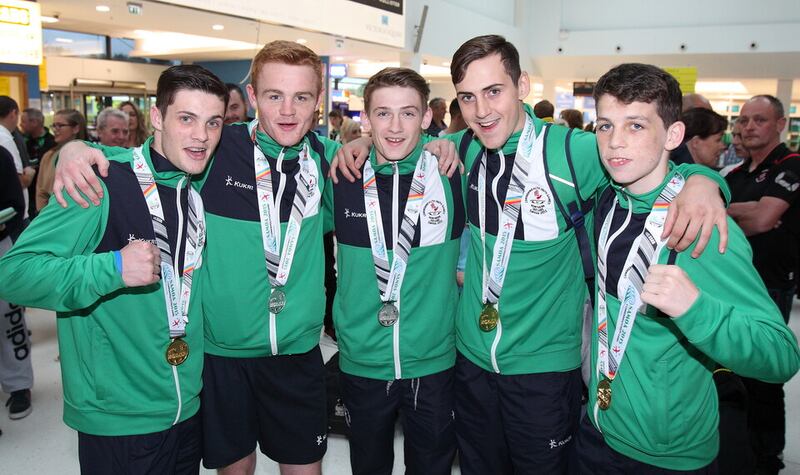 Aidan Walsh pictured with 2015 Commonwealth Youth Games team-mates, from left, James McGivern, Brett McGinty, Tiernan Bradley and Stephen McKenna. Picture by Hugh Russell
