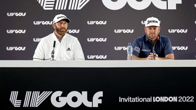 Dustin Johnson, (left) and Graeme McDowell during a press conference at the Centurion Club, Hertfordshire ahead of the LIV Golf Invitational Series last June