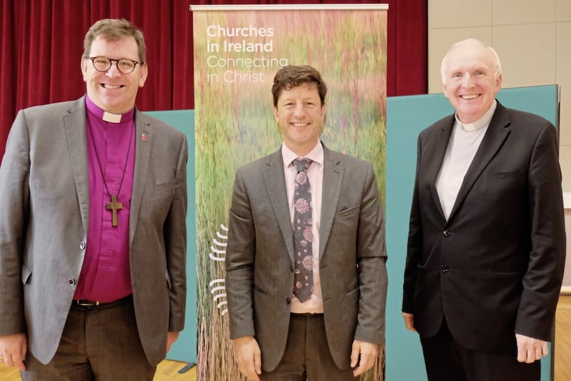 Irish Inter-Church Meeting co-chairs Bishop Andrew Forster, pictured left, and Bishop Brendan Leahy, pictured right, with Irish Council of Churches general secretary Dr Damian Jackson. 