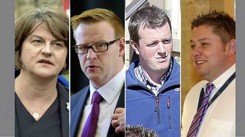 DUP leader Arlene Foster and former party special advisers John Robinson, Stephen Brimstone and Timothy Johnston 