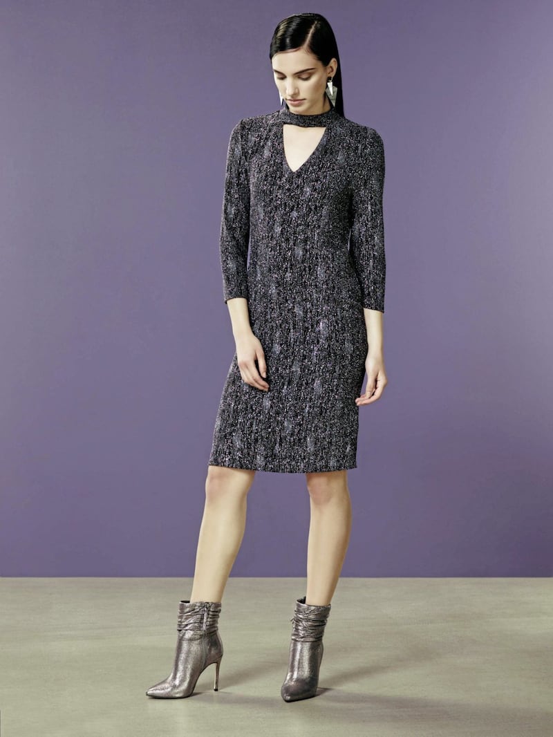 Wallis Dress, &pound;45; Silver Stiletto Heeled Ankle Boots, &pound;55, available from Wallis in October