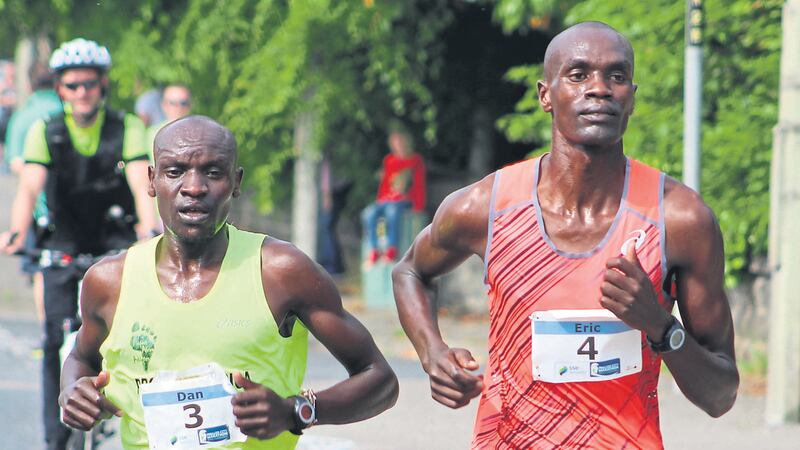 Eric Koech (right) led home a Kenyan one-two from Dan Tanui in Derry yesterday
