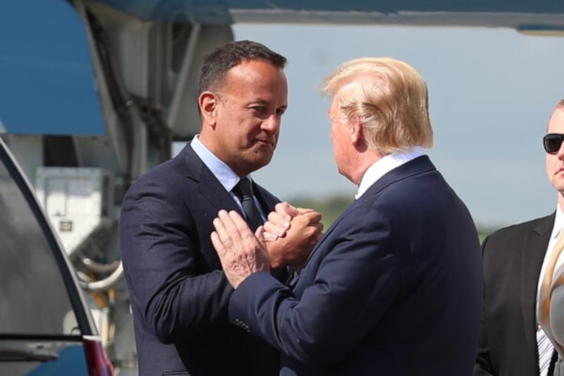 Taoiseach Leo Varadkar (left) greets US President Donald Trump at Shannon Airport for his visit to the Republic. Picture date: Wednesday June 5 2019