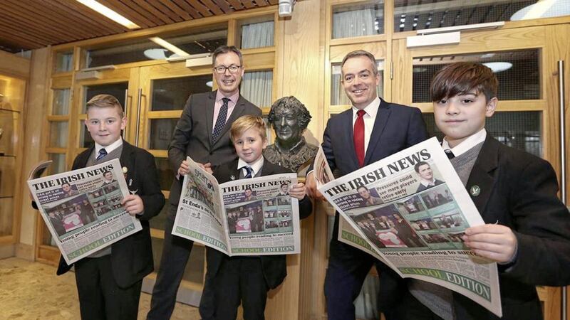 St Columb&#39;s College head of English Tony McGonigle with The Irish News marketing manager John Brolly overseeing the introduction of the Young News Readers programme 