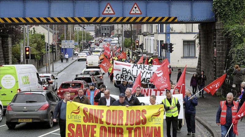 Wrightbus workers and supporters marched from Ballymena to the Co Antrim factory. Picture by Justin Kernoghan 