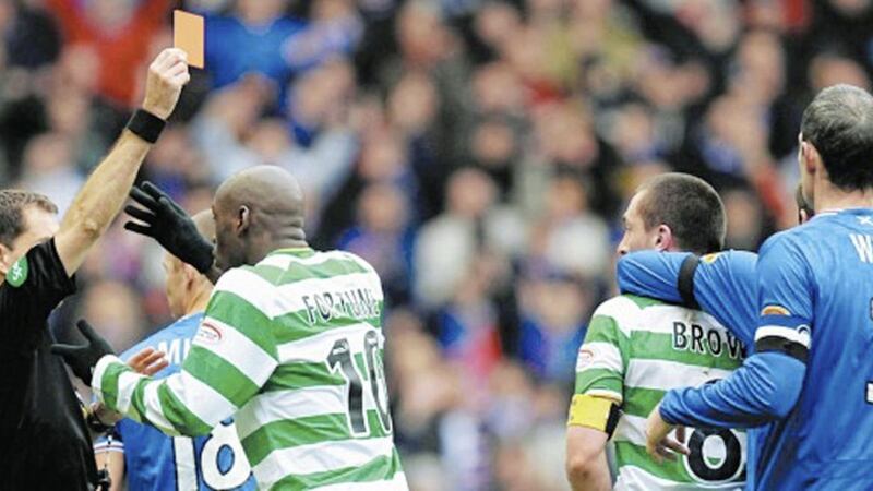 BROWNED OFF: Celtic&rsquo;s Scott Brown is shown the red card after a scuffle with Rangers&rsquo; Kyle Lafferty during the Old Firm clash at Ibrox on Sunday February 29 2010 