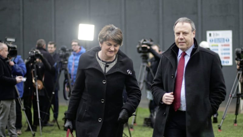 separate meetings: Left, DUP leader Arlene Foster and deputy leader Nigel Dodds speaking to the media on College Green in Westminster, London yesterday. Right, a Sinn F&eacute;in delegation, including its vice president Michelle O&rsquo;Neill, pictured right, and president Mary Lou McDonald also addressing the media 