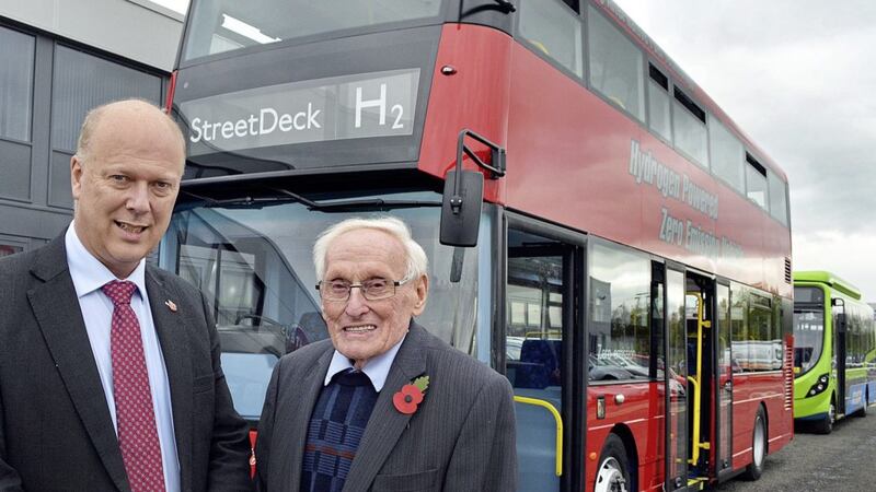 The soon-to-be Sir William Wright pictured in November when Wrightbus hosted a visit by British Secretary of State for Transport Chris Grayling  