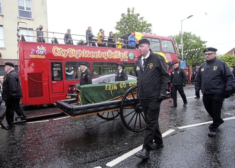 The funeral cortege of veteran republican Billy McKee makes its way from St Peters Cathedral to Milltown Cemetery in west Belfast Picture Mal McCann. 