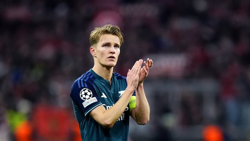 Arsenal’s Martin Odegaard applauds the fans at the end of the Champions League quarter-final defeat to Bayern Munich.