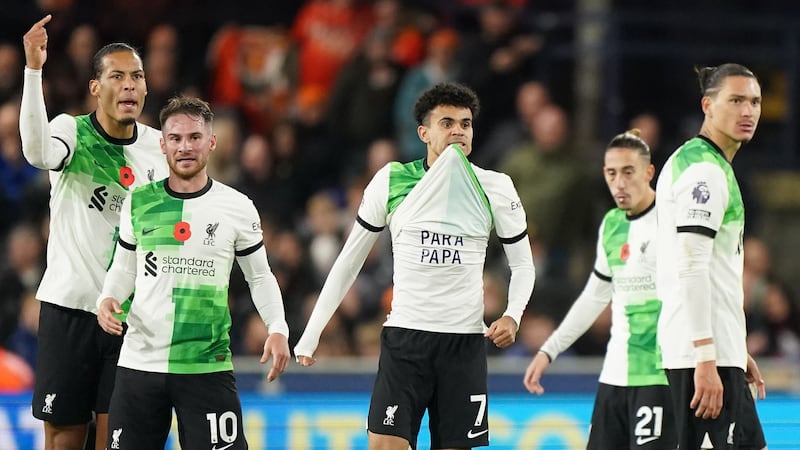 Luis Diaz (centre) celebrates Liverpool’s equaliser (Zac Goodwin/PA)