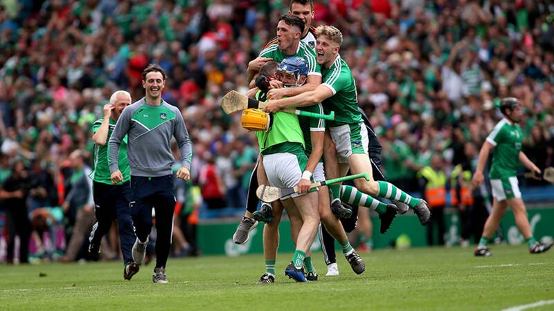Limerick players celebrate after the final whistle in Croke Park yesterday&nbsp;