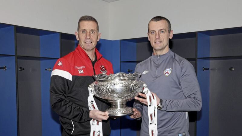 Crusaders manager Stephen Baxter and his Coleraine counterpart Oran Kearney will both be aiming to collect the League Cup. 