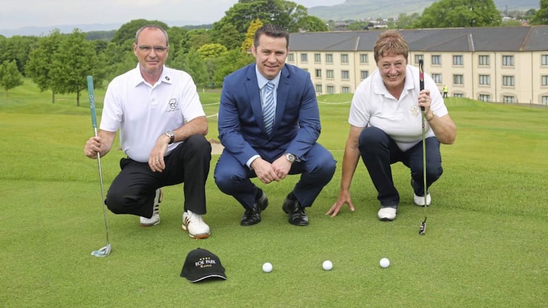 Pictured on the Roe Park Resort course is golf &amp; spa manager Terry Kelly with golf captain Arnold Simpson and lady golf captain Christine Wilson 