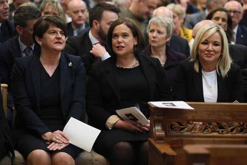 DUP leader Arlene Foster with Sinn F&eacute;in's Mary Lou McDonald and Michelle O'Neill before the funeral service for murdered journalist Lyra McKee at St Anne's Cathedral in Belfast. Picture by&nbsp;Brian Lawless, Press Association